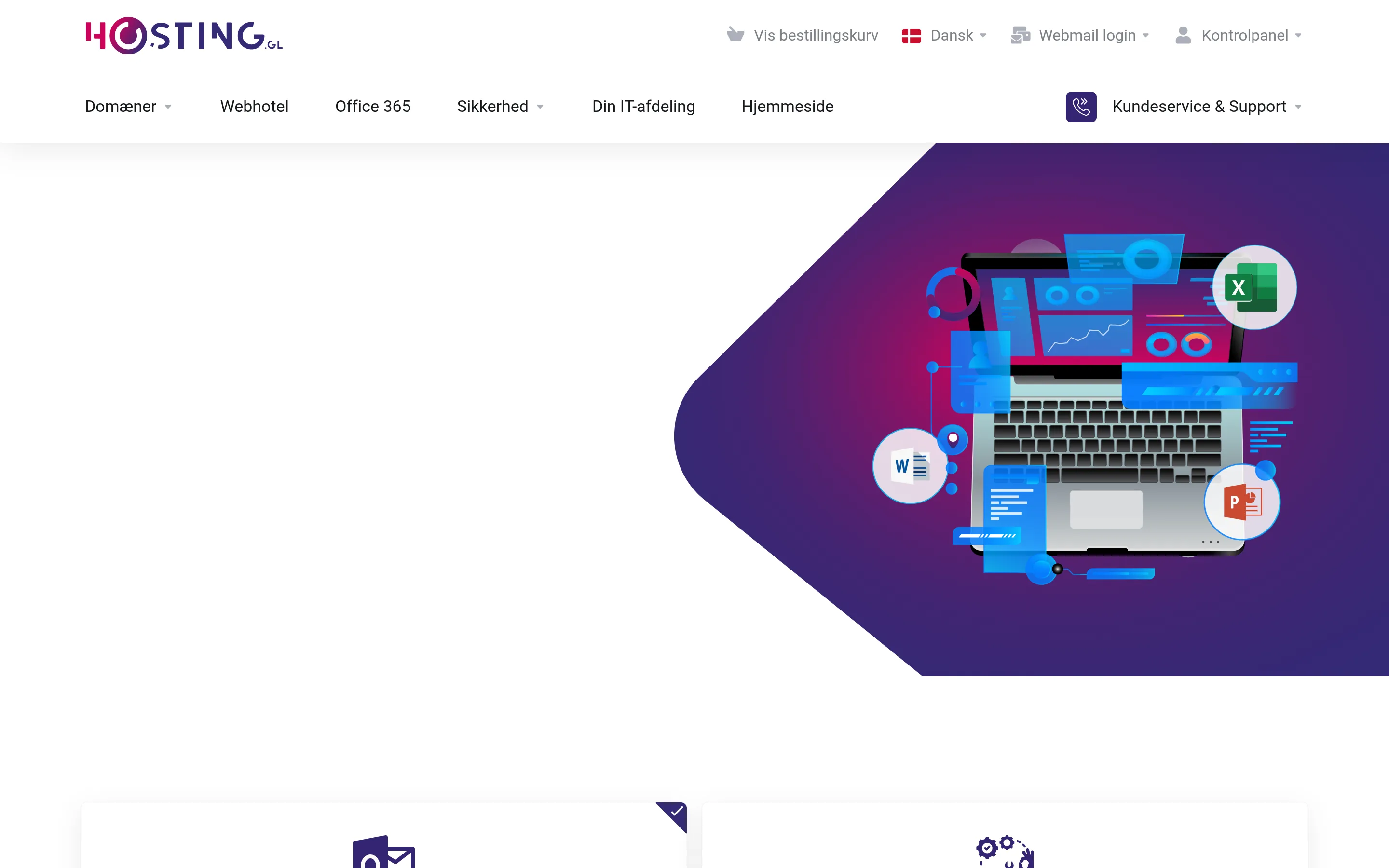 Skærmbillede af Hosting.gl — webhosting, domæner og IT-drift i Grønland